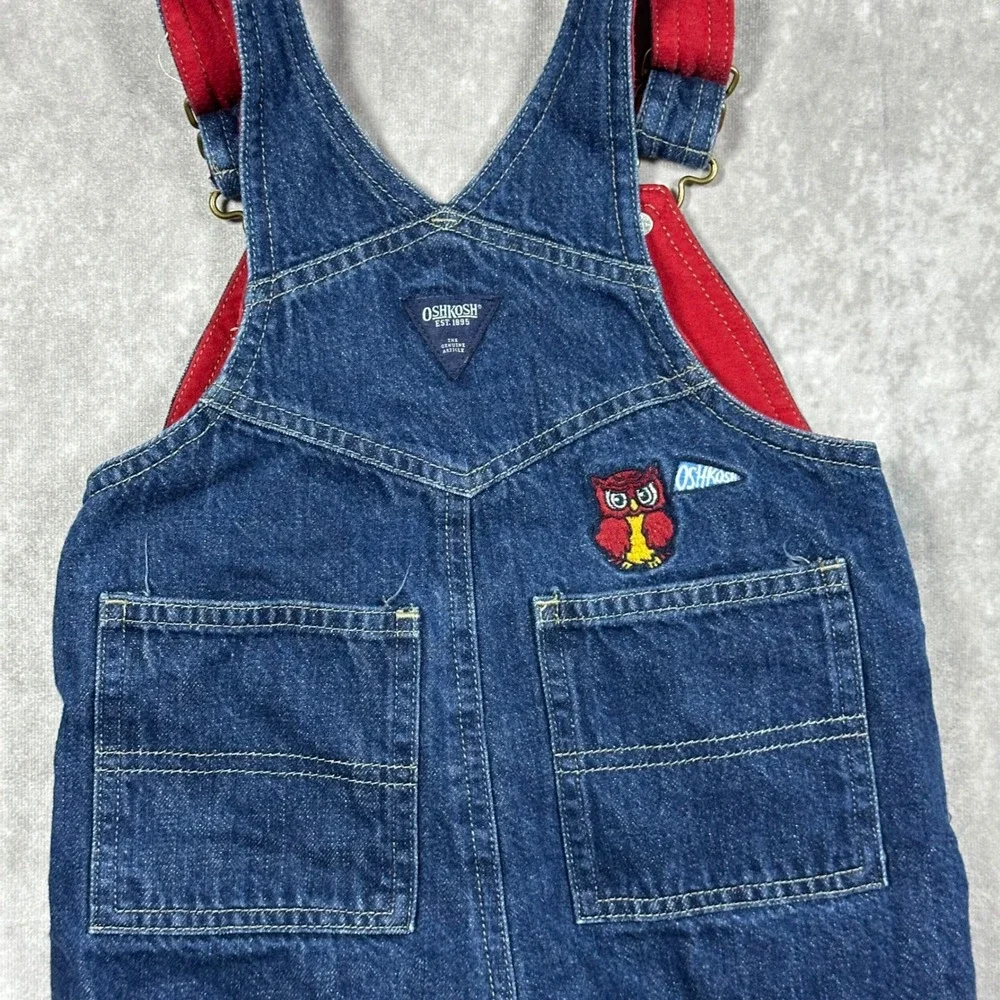 Vintage OshKosh Bgosh Kids 18M Blue Denim Red Lined Football Owl Overalls 90s